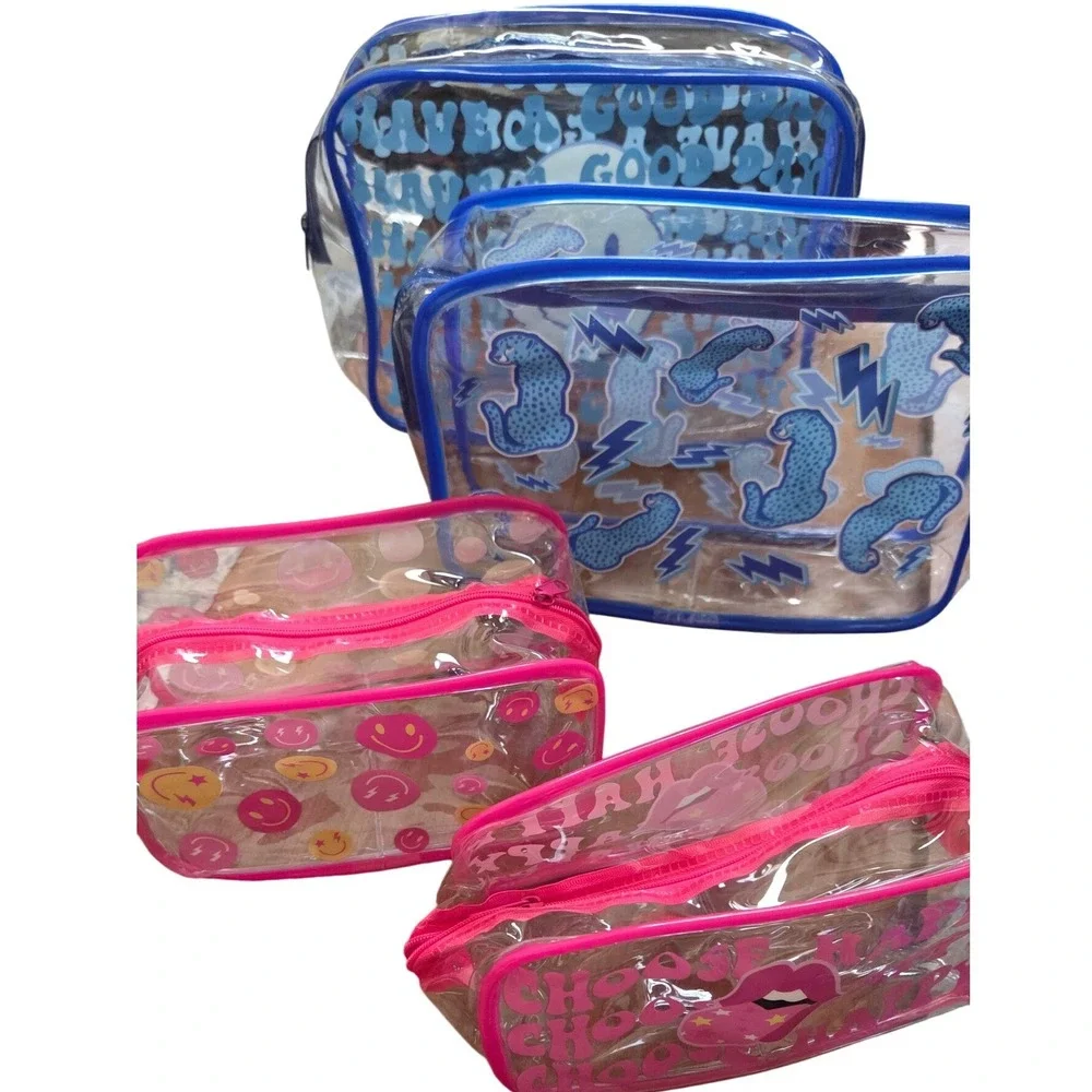 Kids Clear PVC Travel Pouch Set 4pc Smiley Face Cheetah Blue Pink Organizer Bags